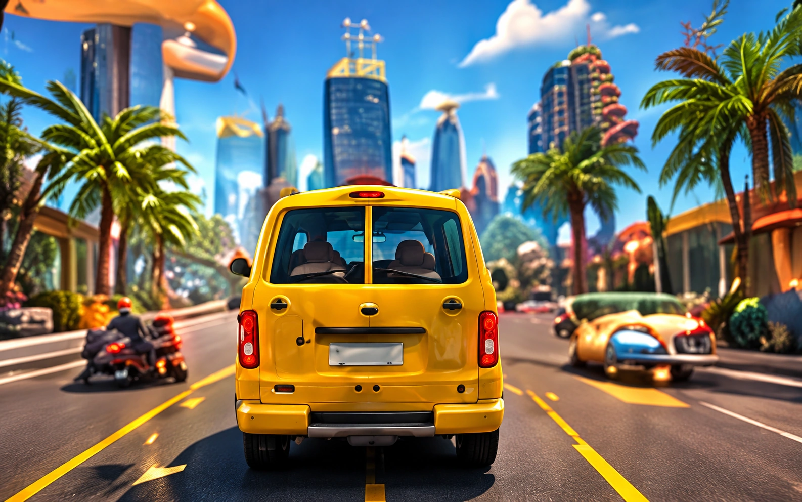 A yellow bus in a vibrant palm-lined city street