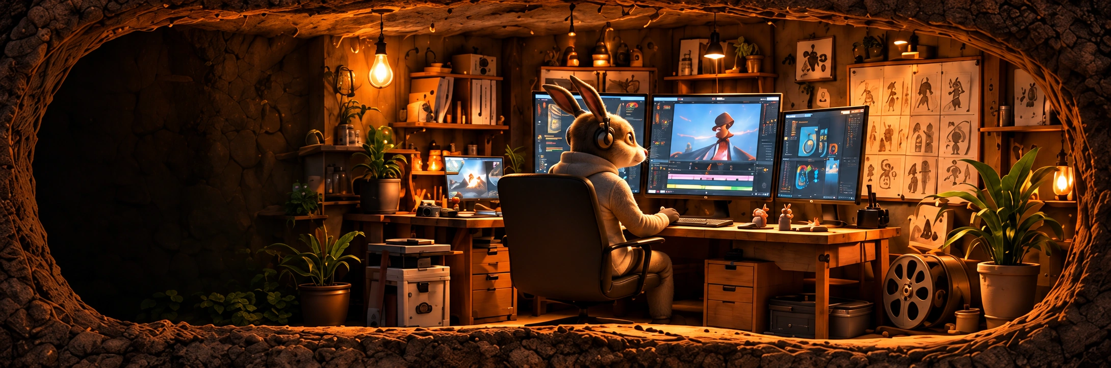 A hare editing an animated film, with storyboards, monitors and film equipment around the studio.
