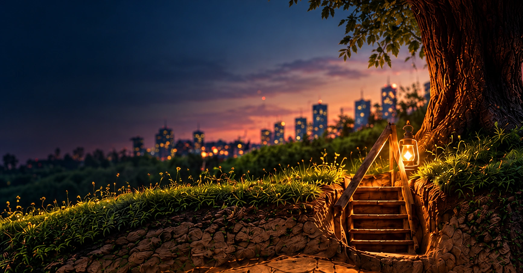 A lantern-lit staircase beneath a tree leads into an underground studio, above a city at dusk.